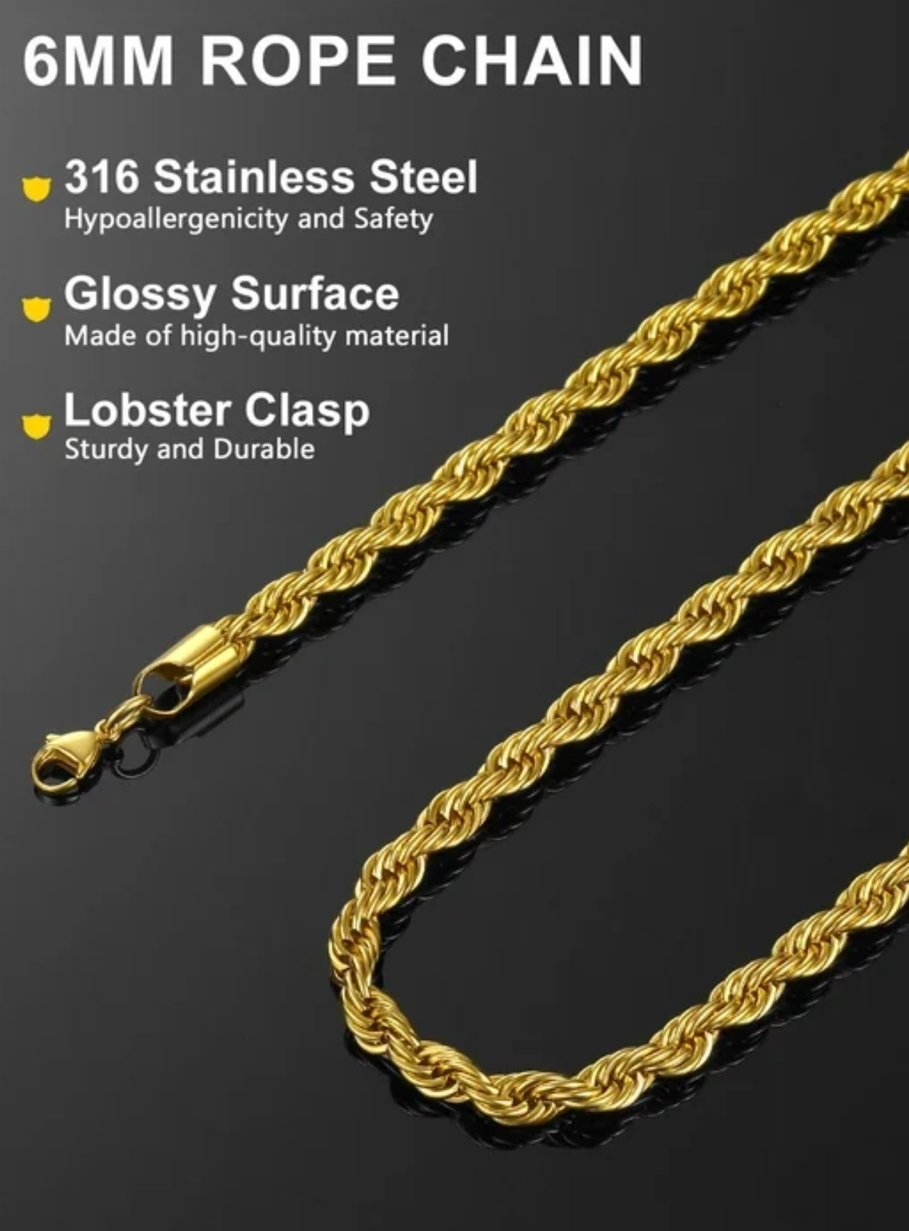 Mens 20 inch 18k gold plated rope chain