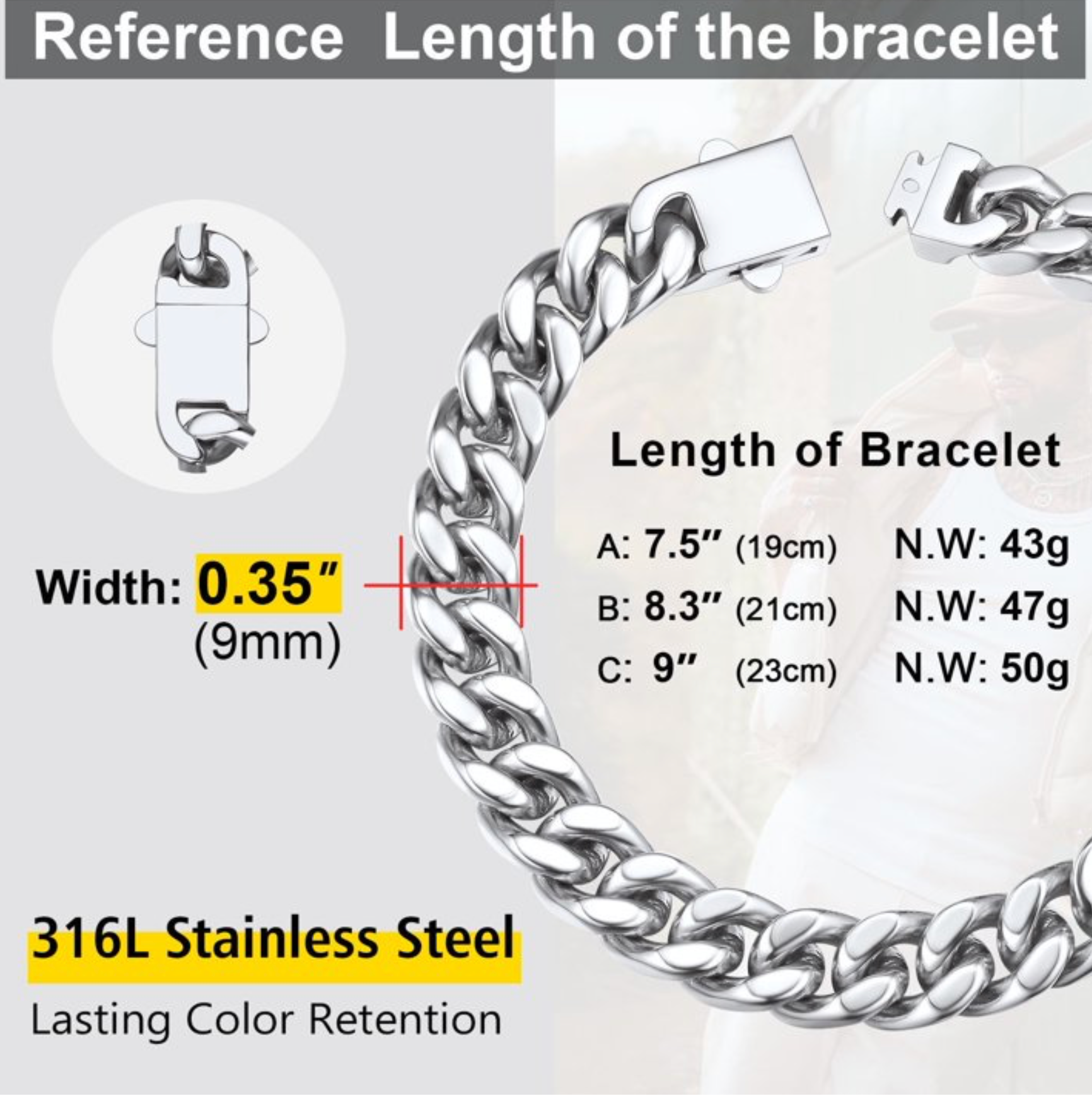 mens stainless steel 7.5 inch cuban link bracelet