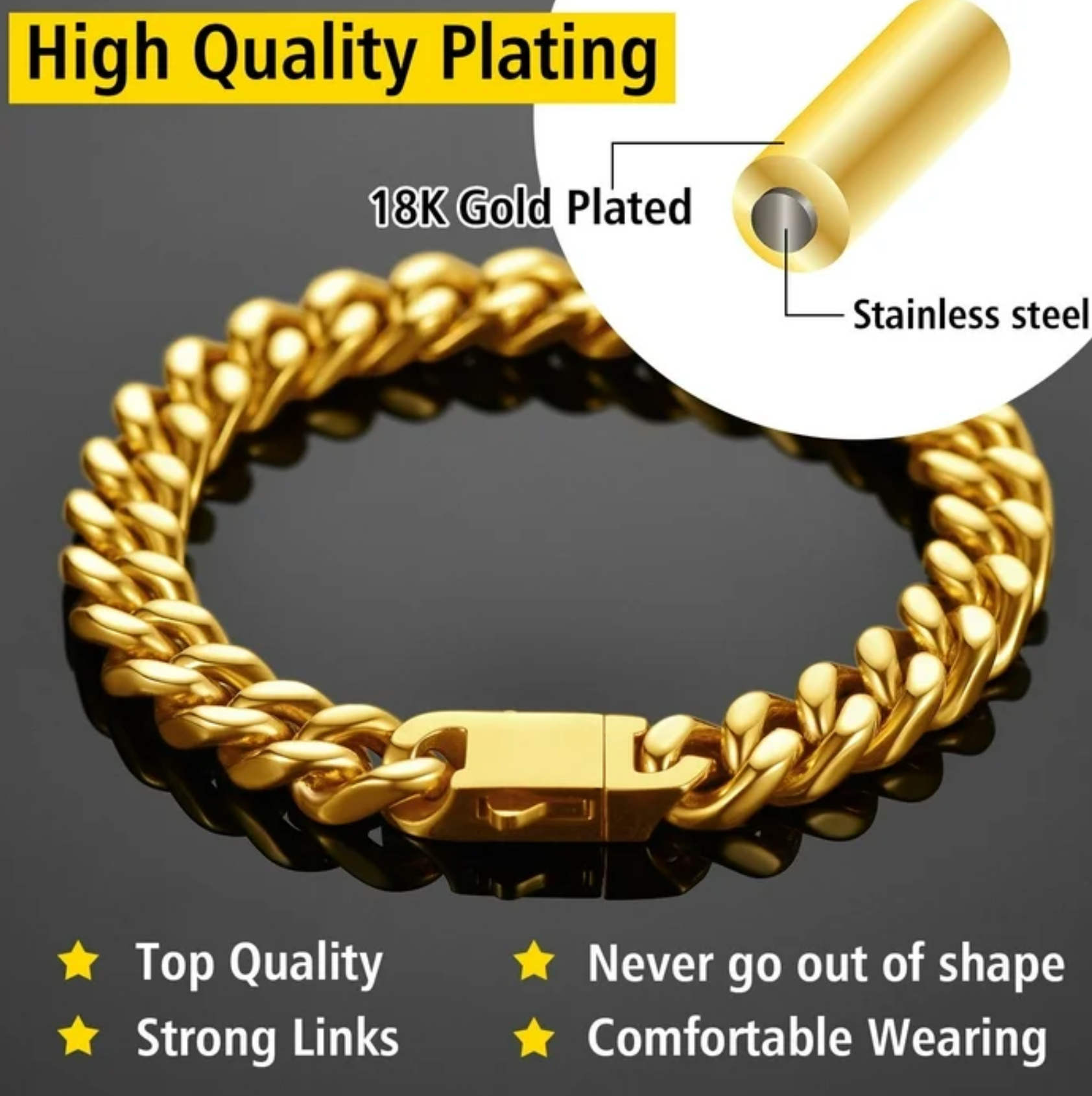 Mens 9mm gold plated cuban link bracelet 7.5 inch